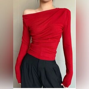 Edikted Red Off-Shoulder Long bell Sleeve Top